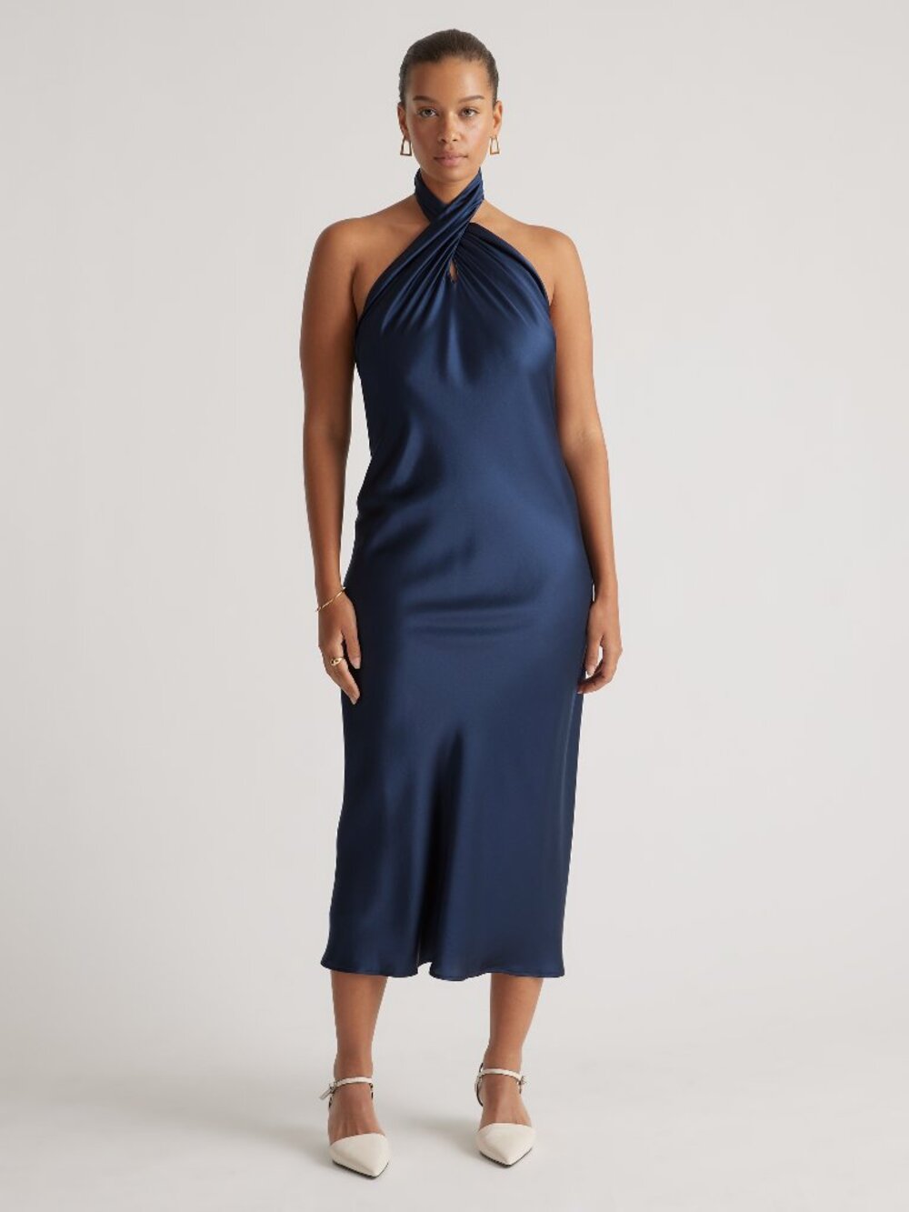 Quince 100% Washable Silk Halter Dress Navy XS NWT